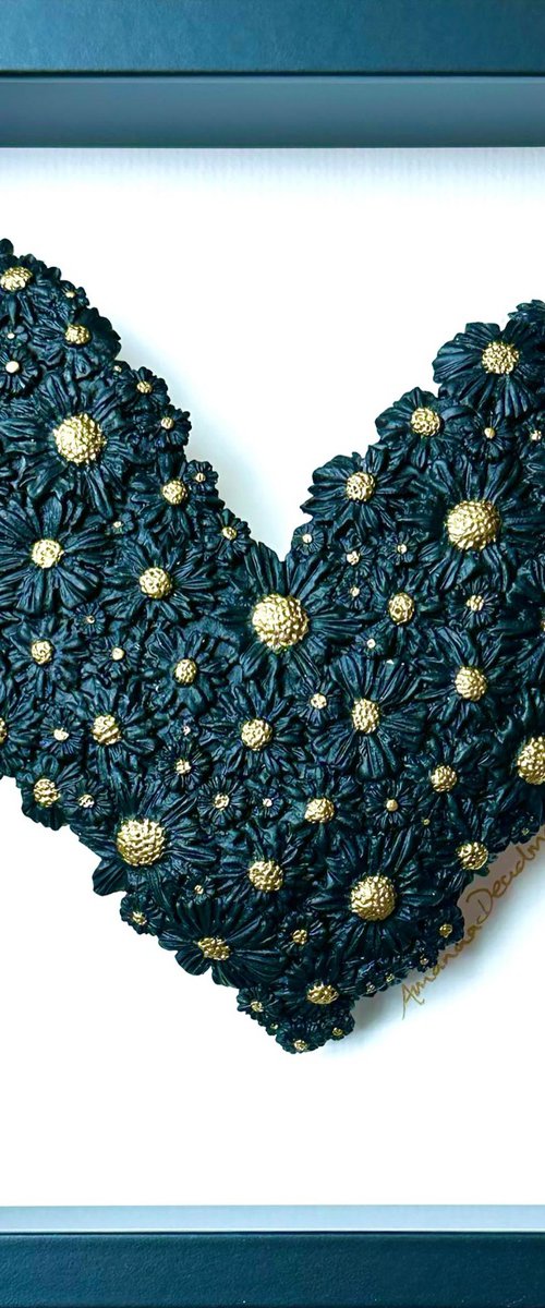 As Fresh as a Daisy (Black polymer clay heart with gold) by Amanda Deadman