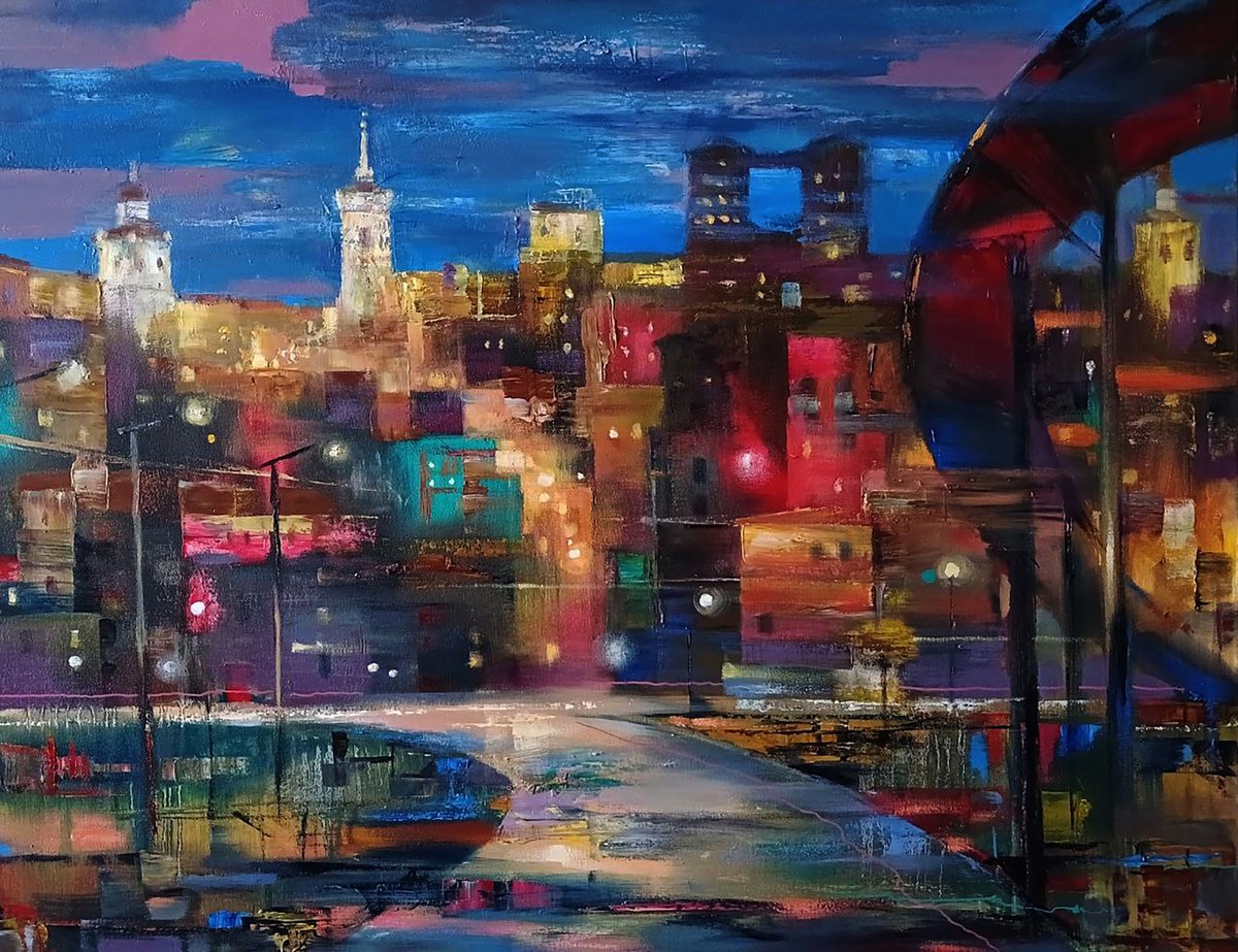 Original Oil Painting - Night City by Anatolii Tarabаnov