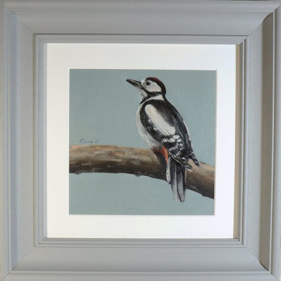 Woodpecker Oil Painting, Bird Artwork, Animal Art Framed