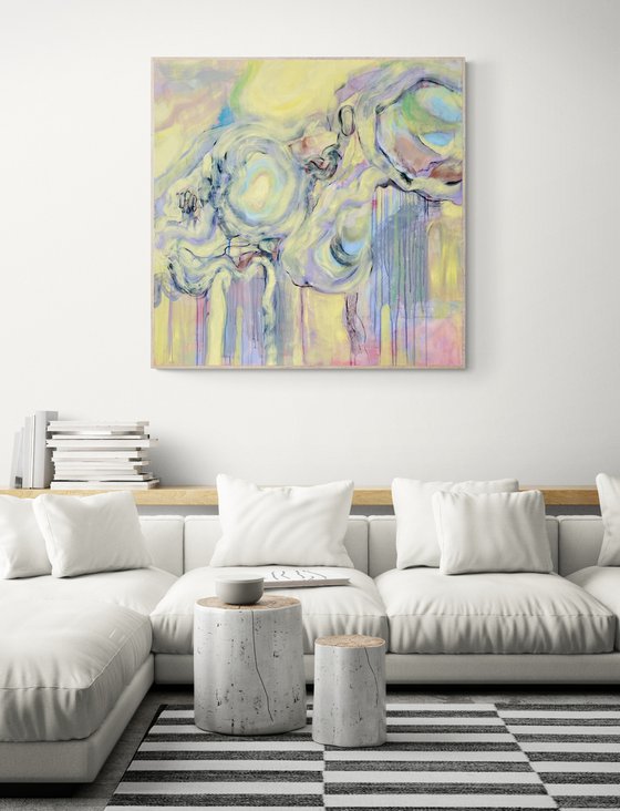 IT’S ALL HERE - large yellow abstract painting, female figure, flow, paint drips pastel blue
