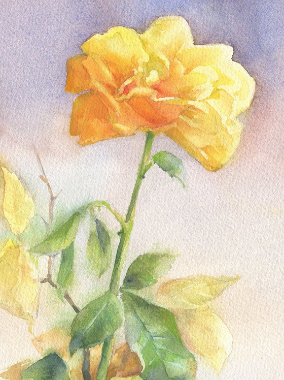 Last chords. Yellow / ORIGINAL watercolor ~11x15in (28x37,5cm). Yellow rose. Autumn bouquet