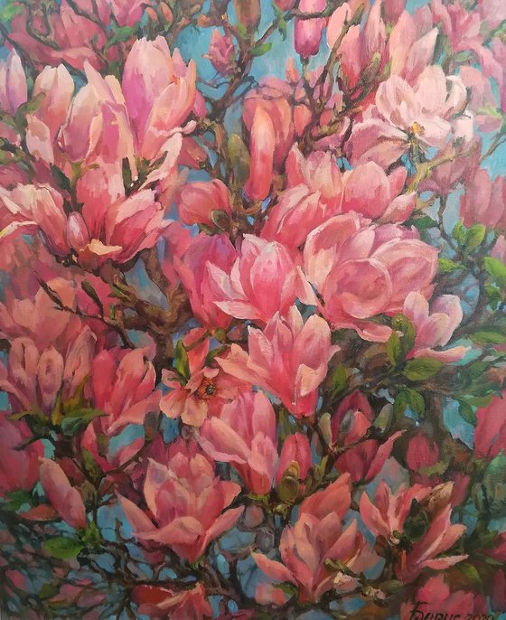 Magnolia - original artwork, bright color oil painting
