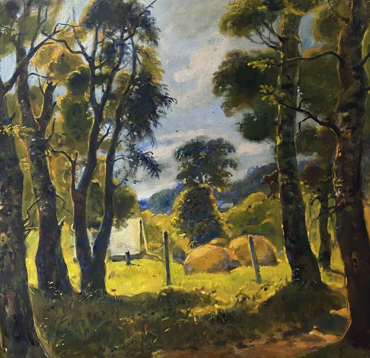 Impressionistic Landscape Oil Painting By Oleg And Alexander Litvinov, 20 X 22", Landscape With Stacks, Original Artwork