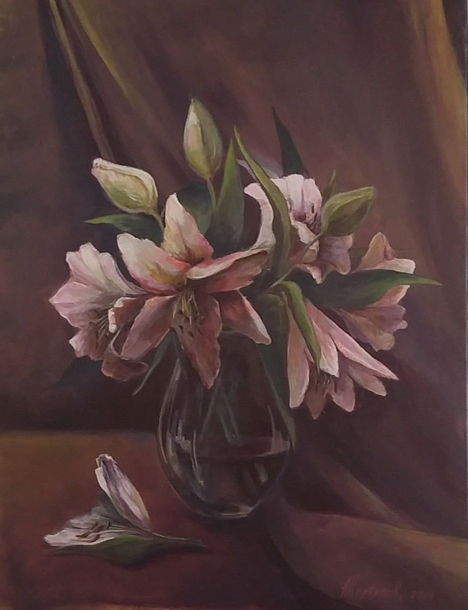 Lilies, original, one-of-a-kind acrylic on canvas still life by Alexander Koltakov