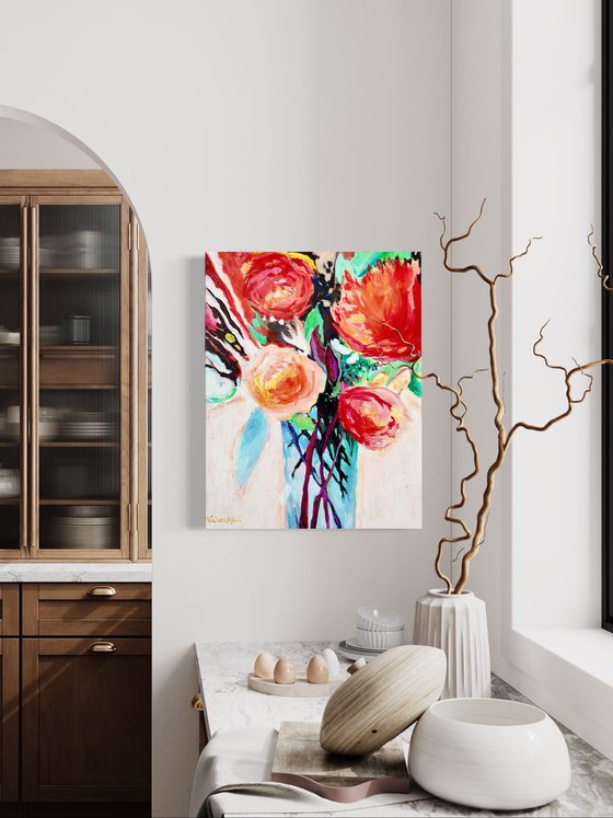 SMELLS LIKE PEONIES SPIRIT - 40 X 50 CM - FLORAL PAINTING ON CANVAS * RED *WHITE *GREEN