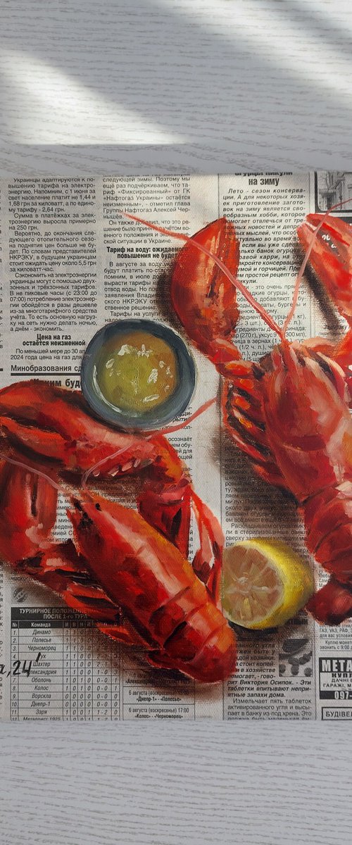 Lobster on a newspaper by Svitlana Brazhnikova