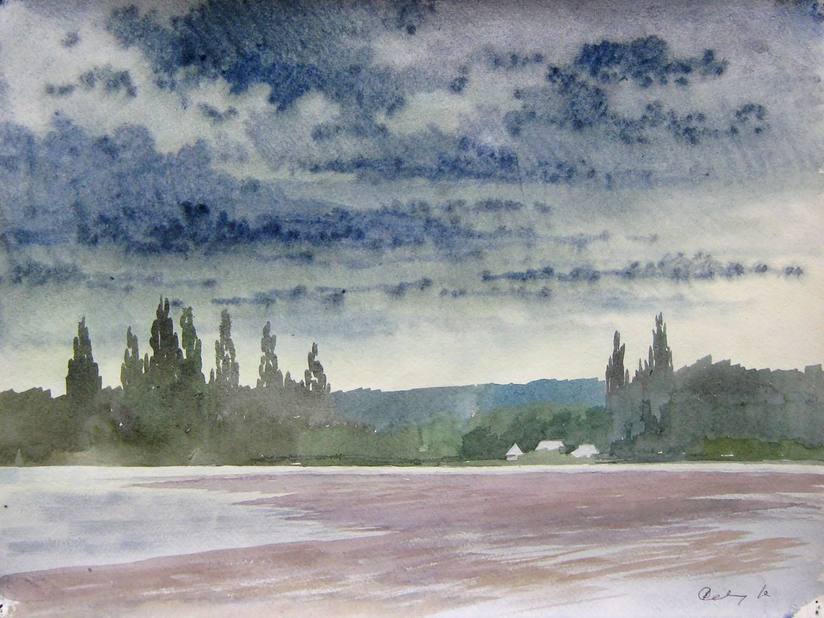 Impressionistic Landscape Watercolour By Valeriy Savenets-1, 16 X 12", Clouds Are Coming, Original Artwork