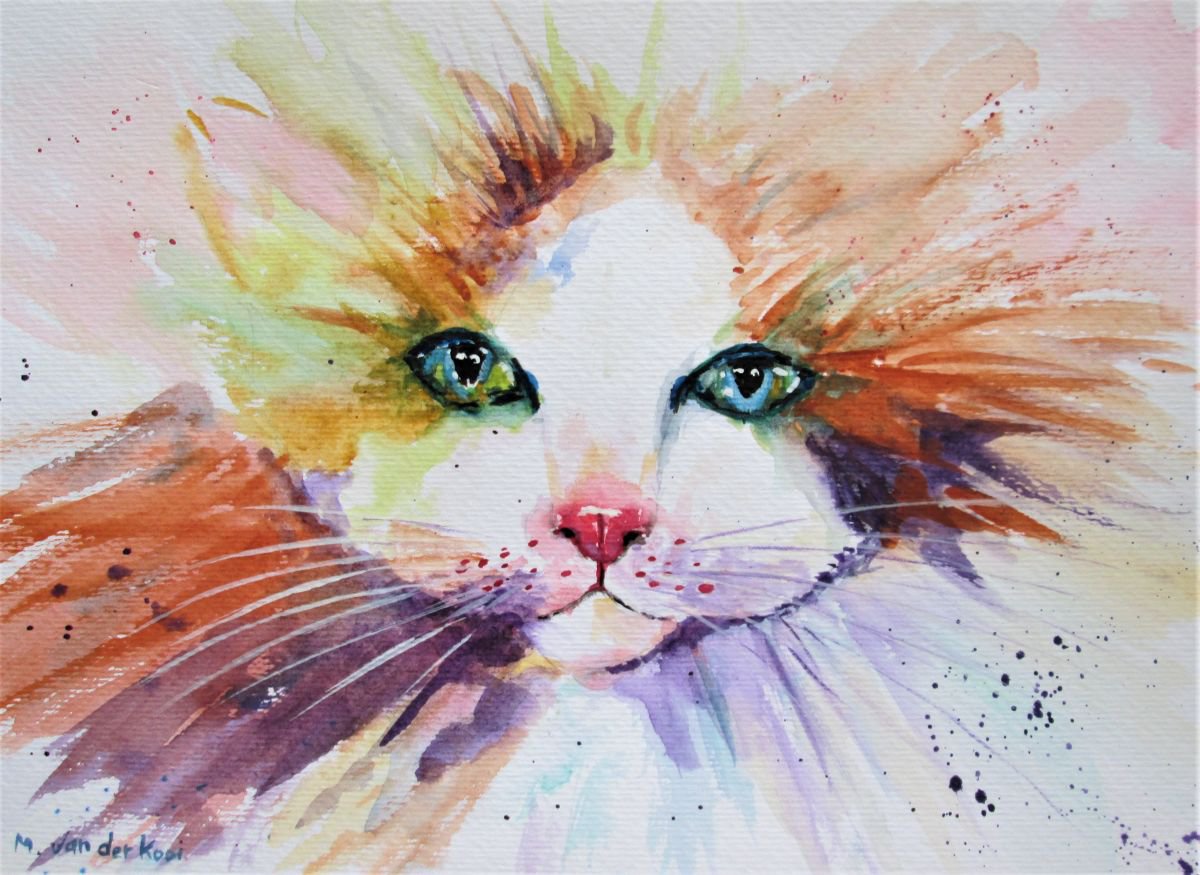 Fluffy kitten, cat watercolour by Marjan