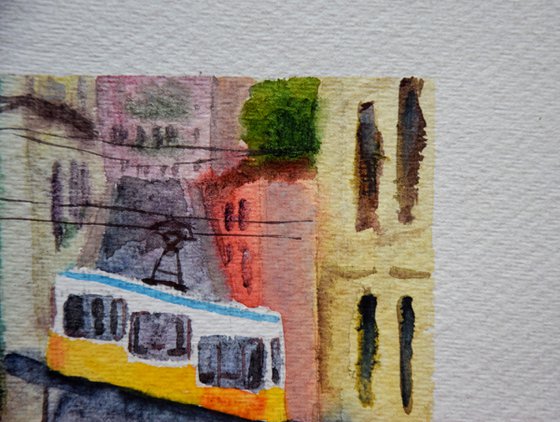 Lisbon small watercolor painting, yellow tram original painting, Portugal wall art