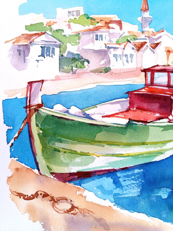 Bright summer landscape "Moored boat off the coast of a Greek city" original watercolor painting