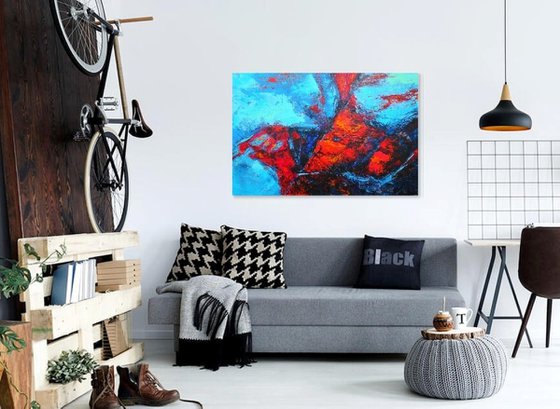 Large Abstract Turquoise Red Landscape Painting. Modern Textured Art. Blue Abstract. 61x91cm.