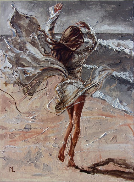 " WIND DANCE " SUN SKY SEA SAND liGHt  ORIGINAL OIL PAINTING, GIFT, PALETTE KNIFE