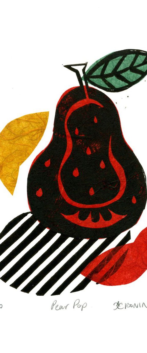 Pear Pop Linocut Print & Chine-collé 2 of 10 (pear design 1) by Catherine Cronin