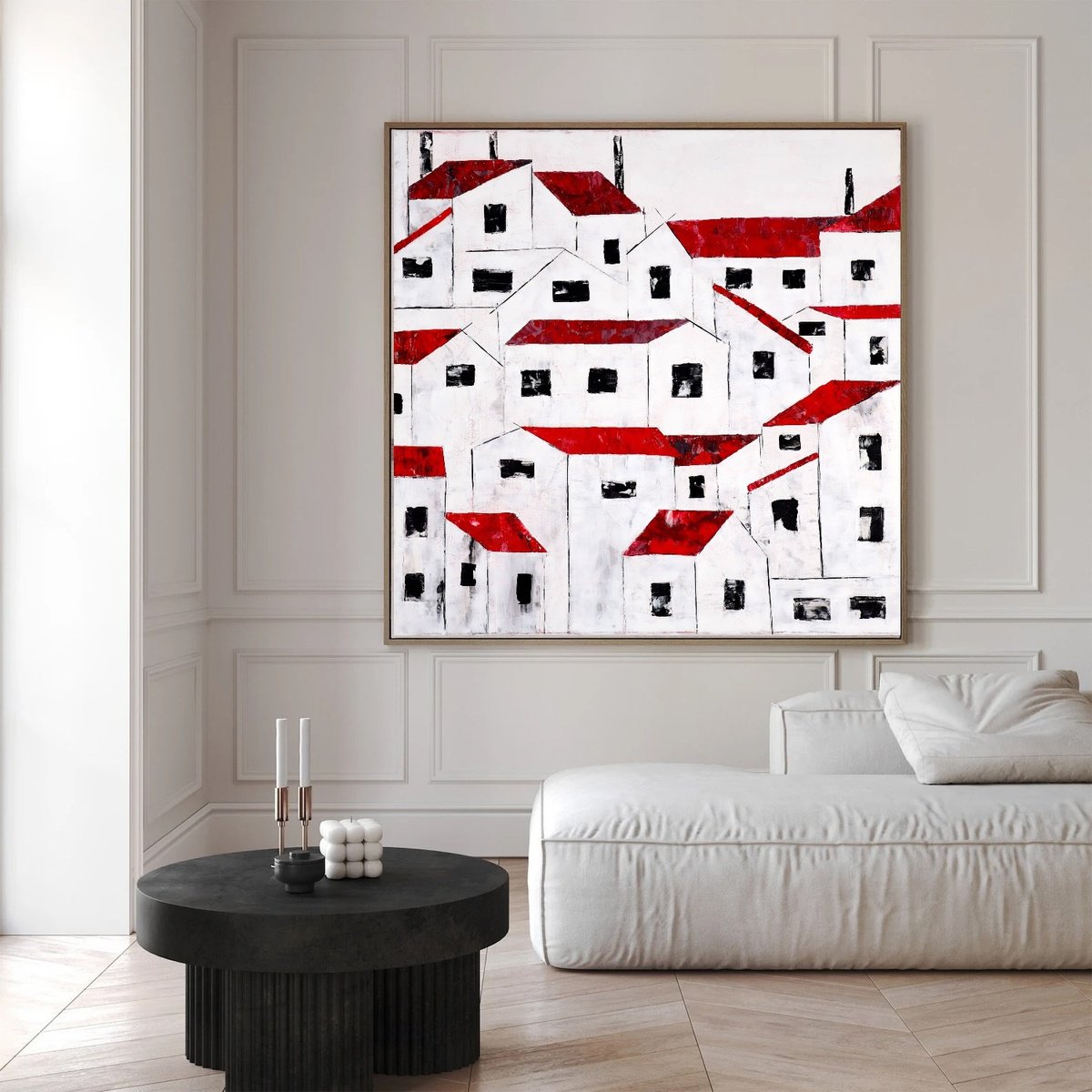 Cityscapes Painting By Poovi Art, 36 X 36", Red Roofs 25 - Architecture, Original Artwork