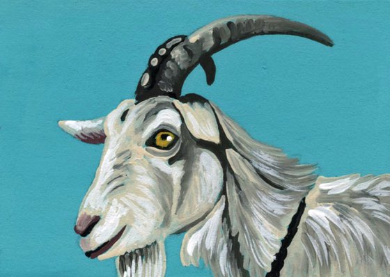 ACEO ATC Original Miniature Painting White Goat Farmyard Art-Carla Smale