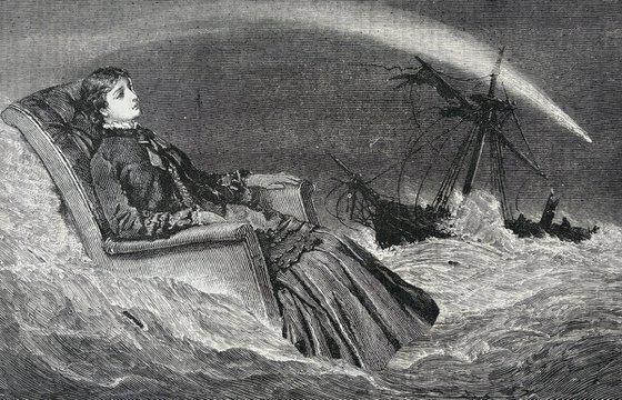 Ocean storm comet above the sailing ship