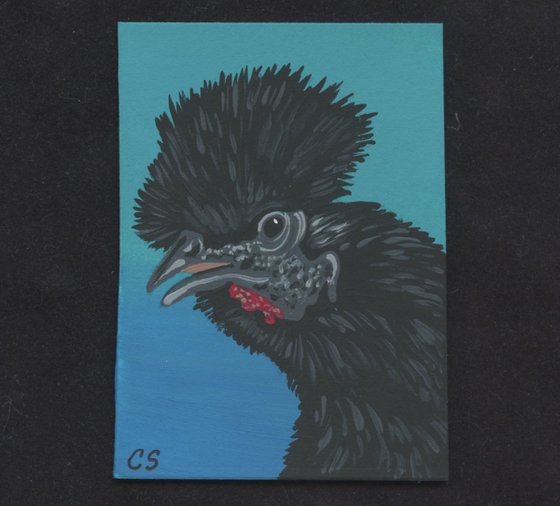 ACEO ATC Original Miniature Painting Fancy Black Chicken Farmyard Art-Carla Smale