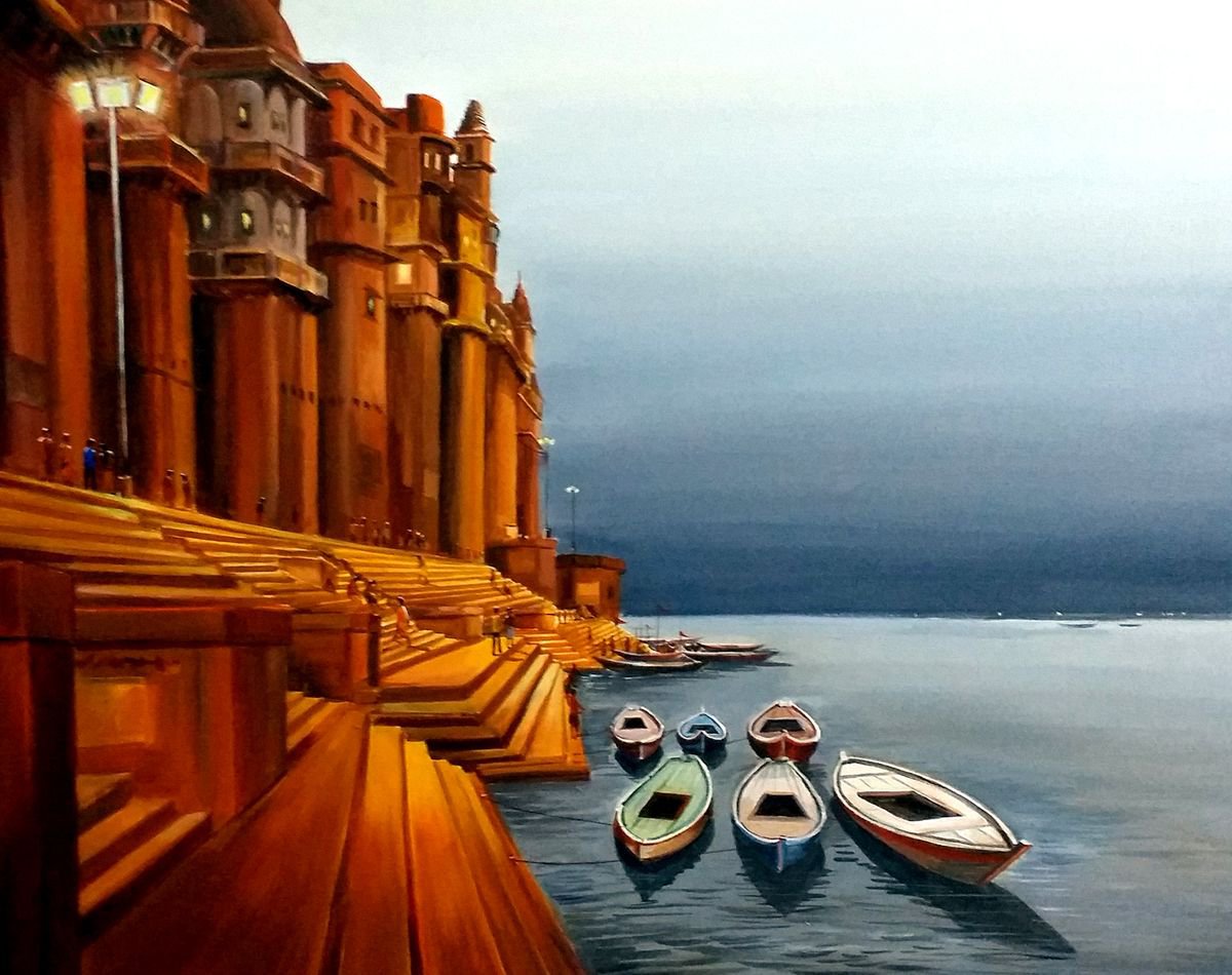 Varanasi Ghat at Evening Acrylic on Canvas Pa Artfinder