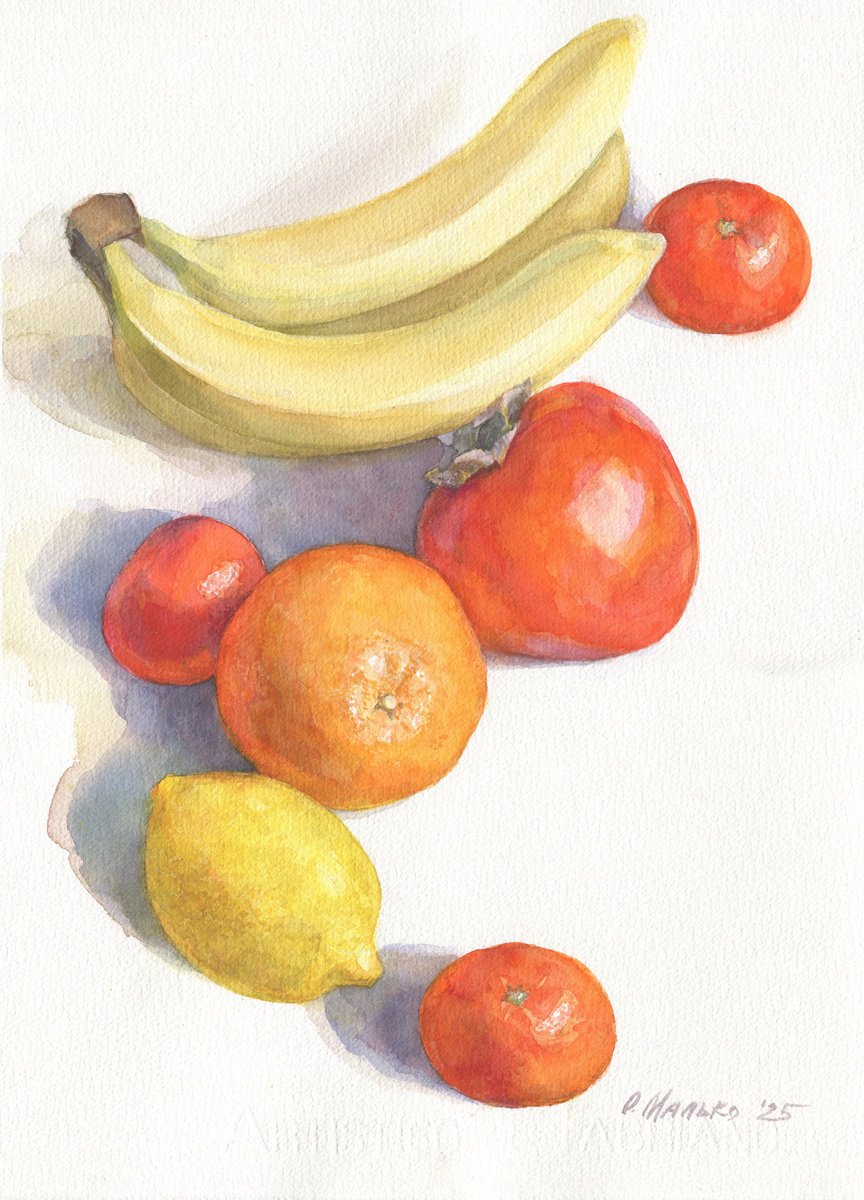 Impressionistic Landscape Watercolour By Olha Malko, 11 X 15", Bright Fruits For Grey Winter, Original Artwork