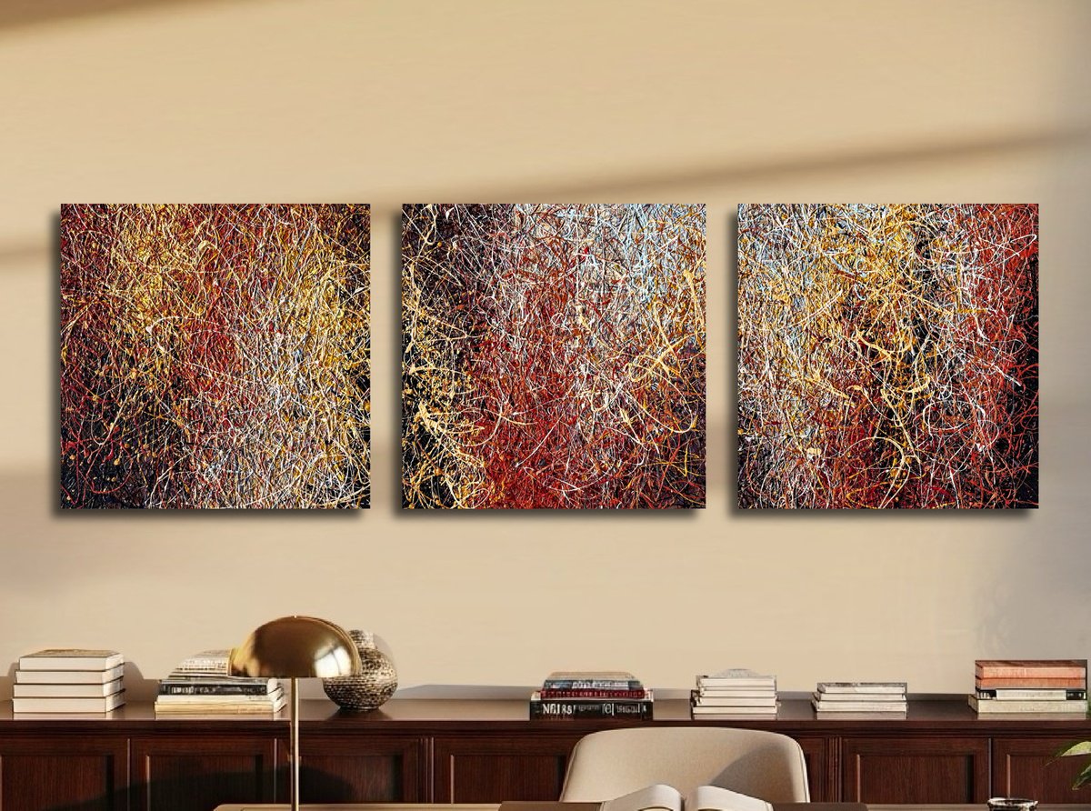 Impressionistic Landscape Acrylic Painting By Nadiia Antoniuk, 59 X 20", Coffee With Cream- Triptych, Original Artwork