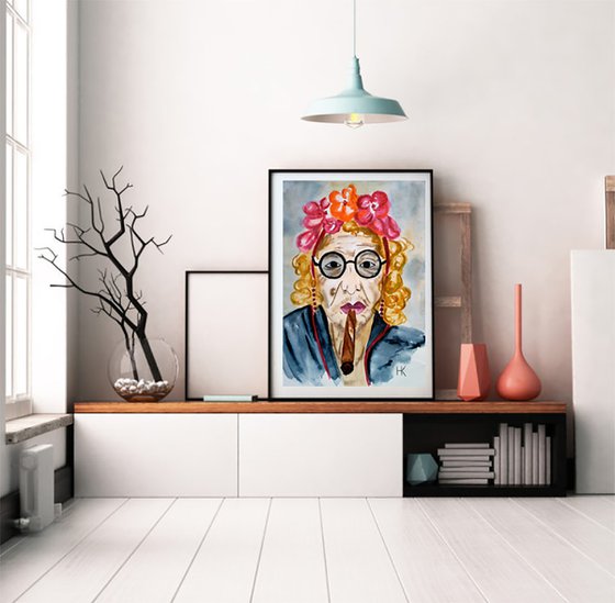 Cuban original watercolor painting woman with flowers hat " Viva Cuba"