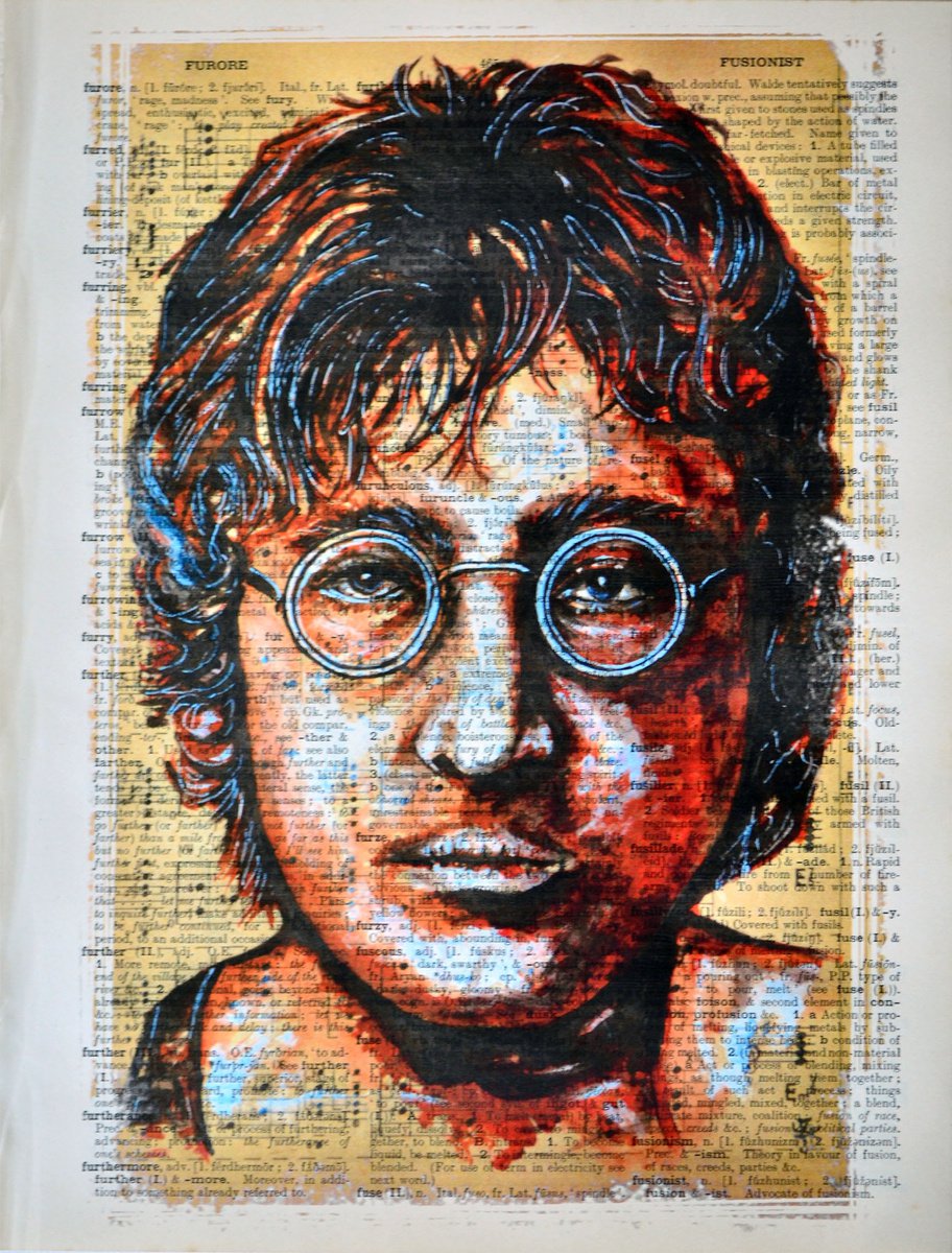 John Lennon - Collage Art on Large Real English Dictionary Vintage Book Page by Jakub DK - JAKUB D KRZEWNIAK