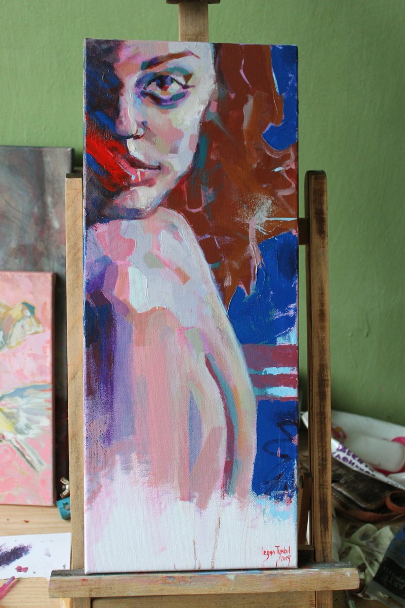 Expressive Portrait Acrylic Painting By Iryna Tymkul, 8 X 19, Fatigue, Original Artwork