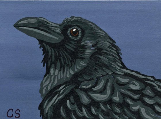 ACEO ATC Original Miniature Painting Crow Raven Bird Wildlife Art-Carla Smale