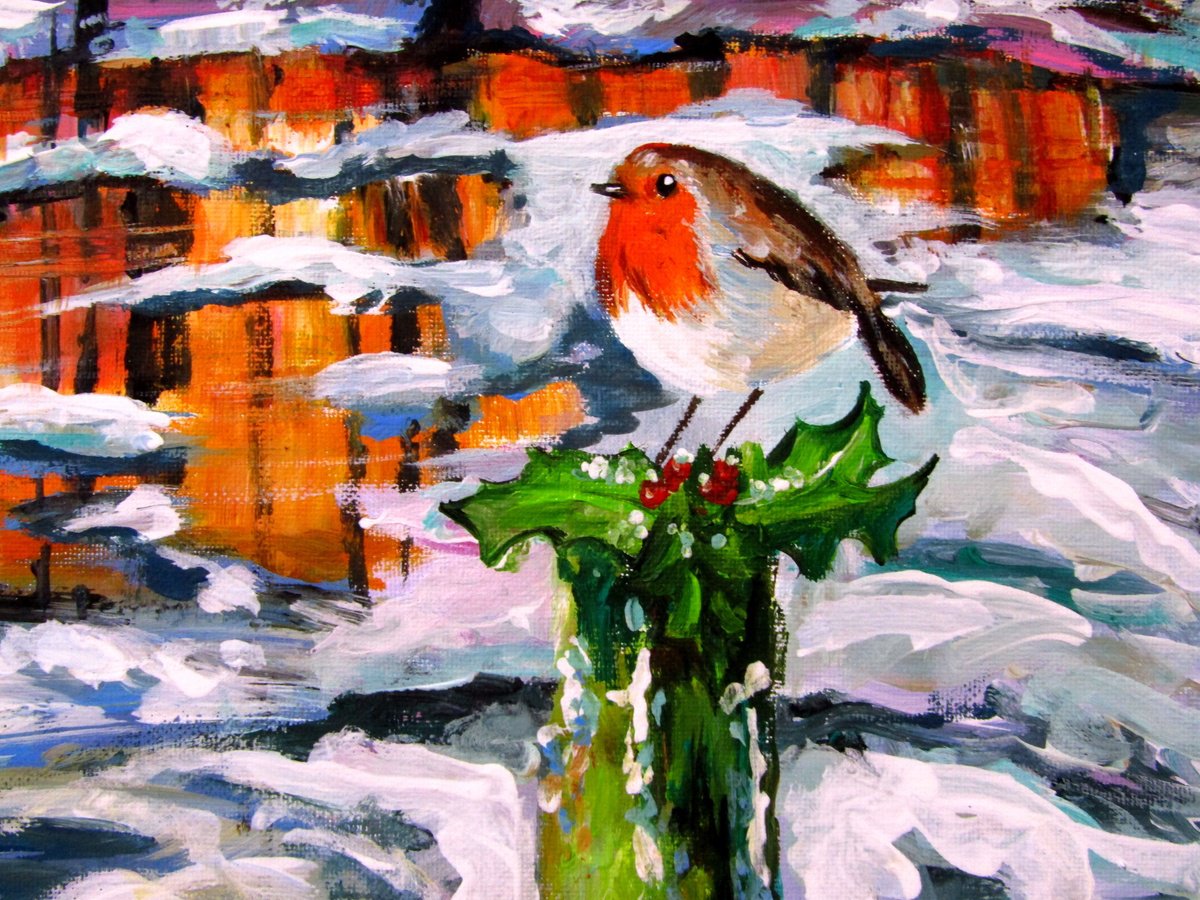 Impressionistic Animal Acrylic Painting By Kovacs Anna Brigitta, 13 X 13", Robin In The Forest, Original Artwork