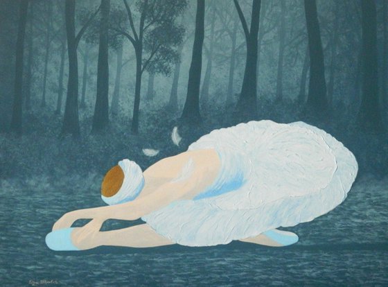 Swan Lake - ballerina position painting on frozen lake in forest; home, office decor; gift idea