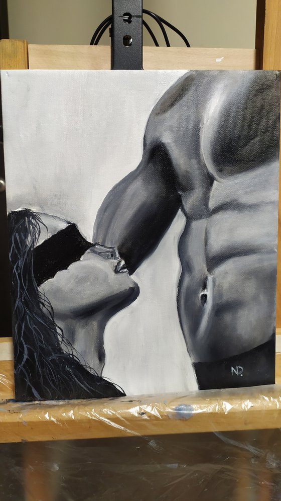 Submissive, original nude erotic man woman oil painting, gift idea