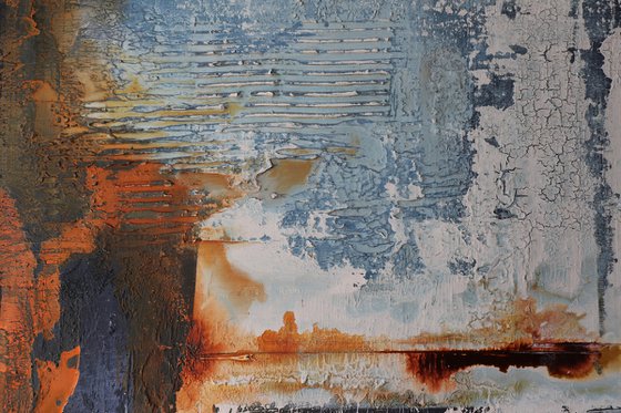 ABSTRACTION * 60 x 70 cms -  ABSTRACT ARTWORK - PAINTING - WITH STRUCTURES - OFF-WHITE BLUE RUST