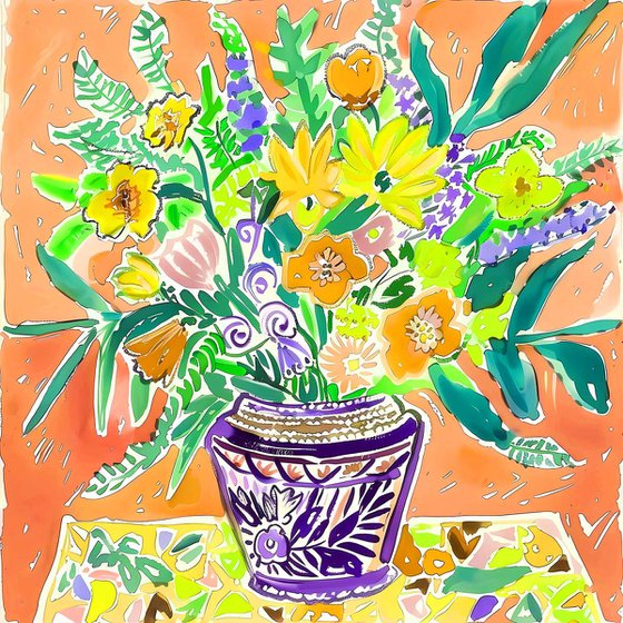 Spring flowers in purple vase