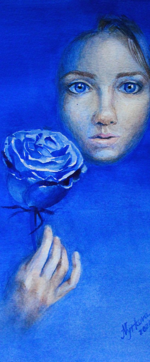 Blue rose watercolor painting by Marta Nyrkova