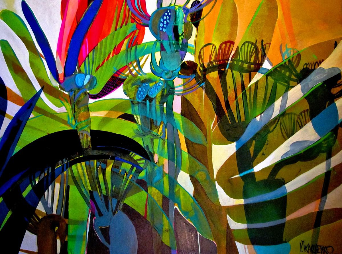 Expressive Botanical Acrylic Painting By Victor Tkachenko, 40 X 30", Nadicus Gerelishinas Blooming, Original Artwork