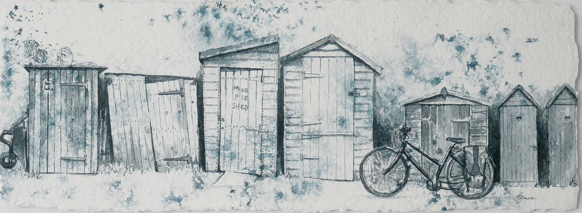 Illustrative Landscape Painting By Hannah Bruce, 23 X 11, The Allotment Sheds, Original Artwork