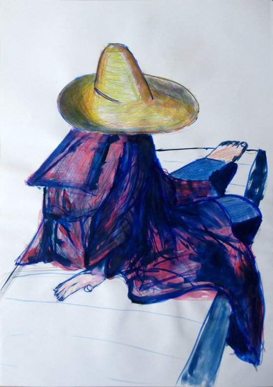 Straw Hat With Indigo Blue Dress