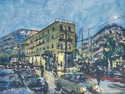 First lights on busy street by Dimitris Voyiazoglou