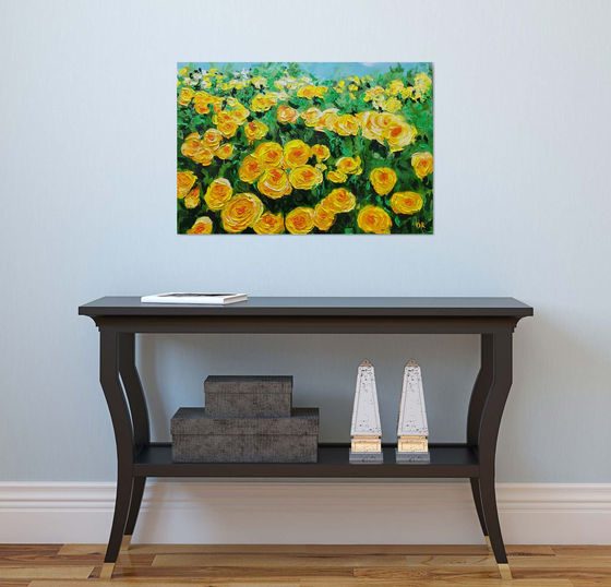 FIELD OF YELLOW, ORANGE, WHITE  ROSES  palette knife modern decor MEADOW OF FlOWERS, LANDSCAPE,  office home decor gift