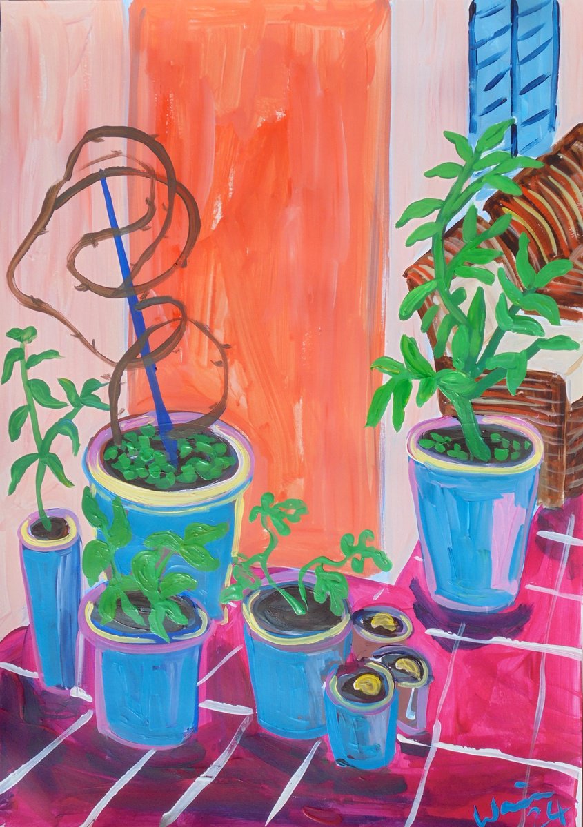 Expressive Landscape Acrylic Painting By Kirsty Wain, 17 X 23", Patio With Potted Plants., Original Artwork