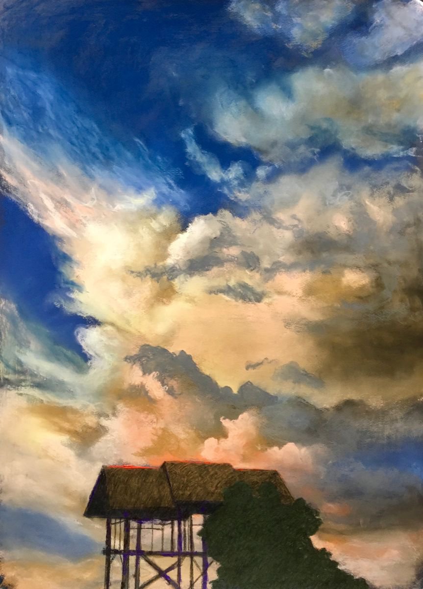 Impressionistic Landscape Pastel Drawing By John Cottee, 20 X 28, Construction Sunset, Original Artwork