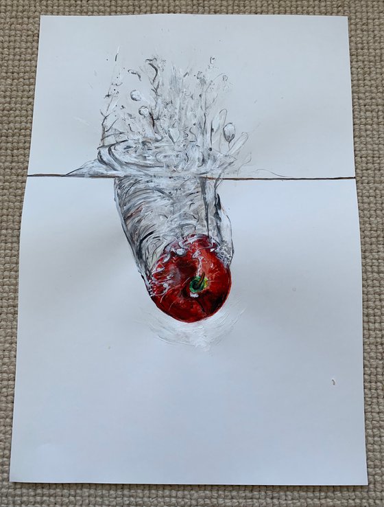 Red Apple Falling through Water Acrylic Painting Realistic Water Artwork On Paper Home Decor Gift Ideas