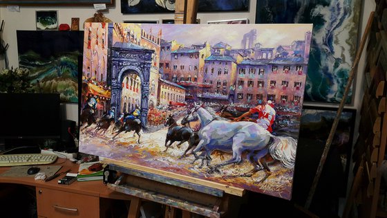 Palio di Siena - horse race, original oil painting