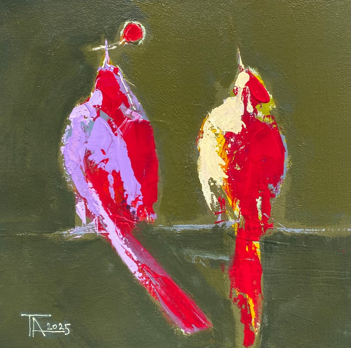 Expressive Animal Acrylic Painting By Tatjana Auschew, 12 X 12", One For Two., Original Artwork