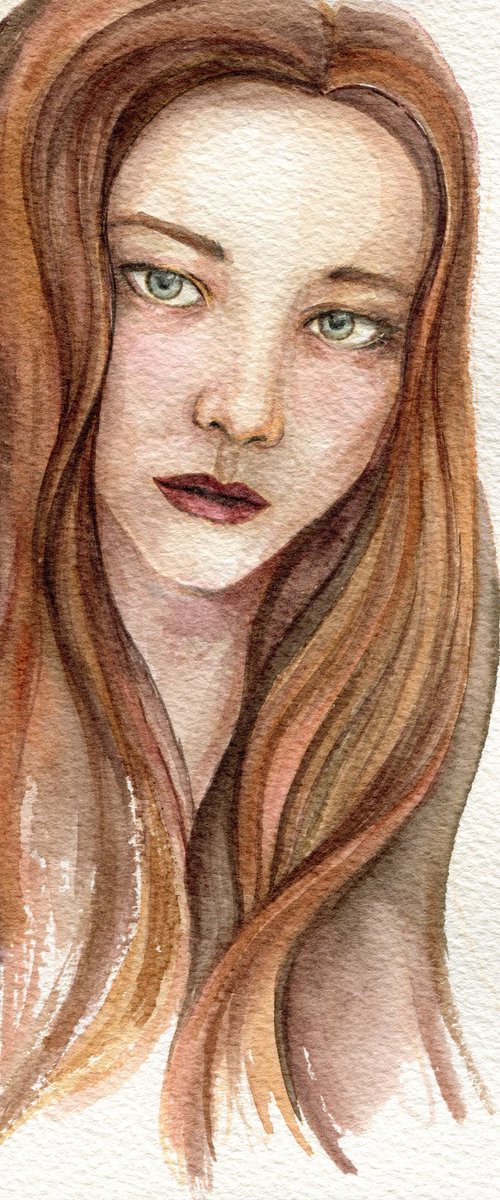 Red hair woman with blue eyes - watercolor portrait by Liliya Rodnikova