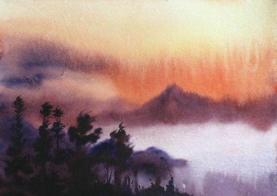 Cloudy Golden Sunrise - Watercolor Painting