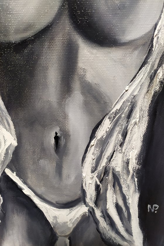 Hot girl, original erotic nude black and white oil painting, gift idea