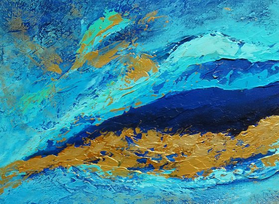 GOLDEN ORCA. Large Abstract Blue and Gold Contemporary Seascape, Ocean Waves Painting (61 x 122 cm). Modern Textured Art