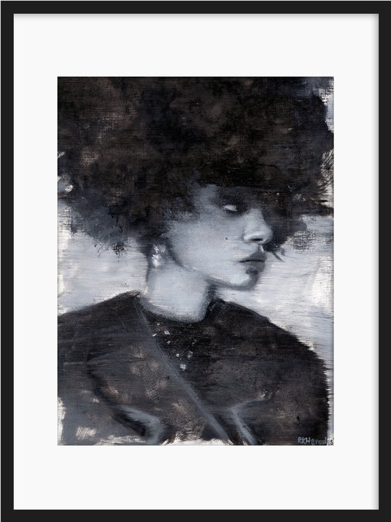 Raven | Black and white oil painting on paper | beautiful powerful make up fashion muse afro model woman lady