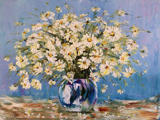 GREETINGS FROM SUMMER - Daisies. Chamomile Bouquet. Flowers. Spring. Wind. Blue background. Wildflowers.